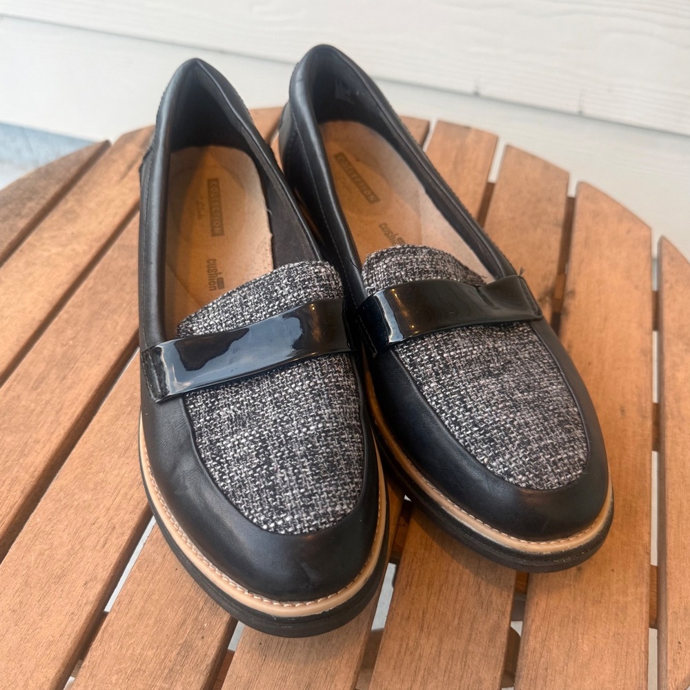 Clarks Collection Sharon Dolly Black Leather Tweed Wedge Loafers Womens 8.5 M